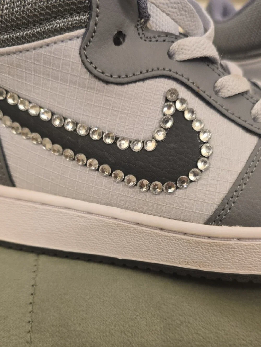 Nike Youth Gray and Black High-Top Sneakers with Rhinestone Swoosh